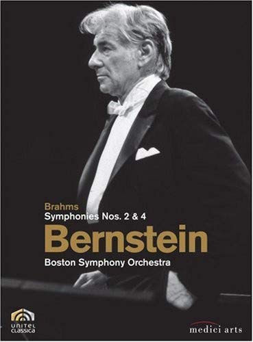 Leonard Bernstein portrait on DVD cover for Brahms symphonies with orchestra.