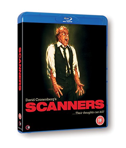 Blu-ray case for "Scanners" featuring a distressed man in a suit.