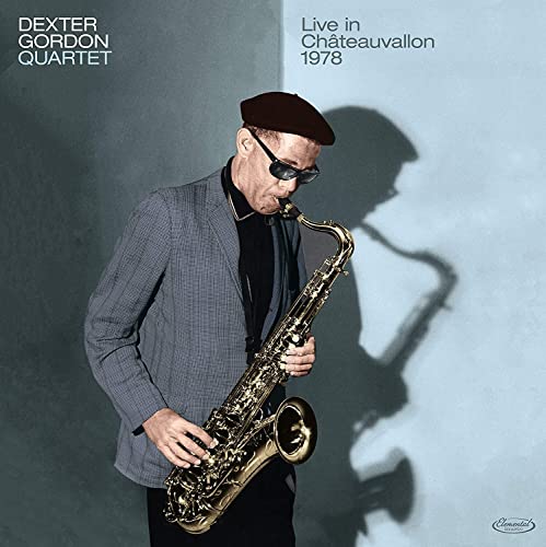 Dexter Gordon in a beret playing saxophone, CD cover art.