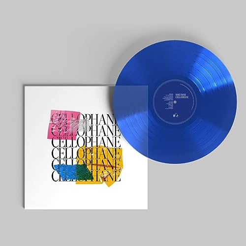 Blue vinyl record with white album cover featuring repeated text.