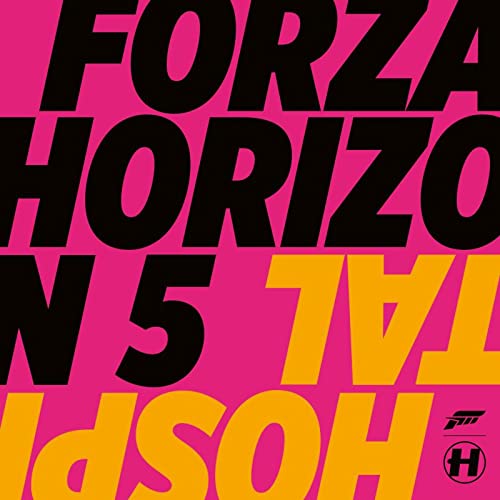 Forza Horizon 5 vinyl record cover, pink and yellow abstract text.