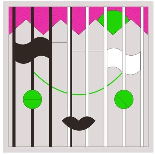Abstract flamingo face illustration with black, white, and green shapes.