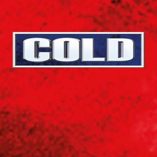 White letters spelling COLD inside a blue rectangular box against a textured red background.