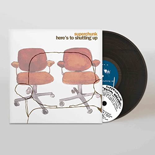 Superchunk vinyl record with cover art depicting two red office chairs.