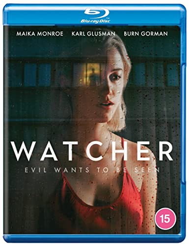 Blu-ray cover for Watcher featuring a woman in a red top behind rain-streaked glass.