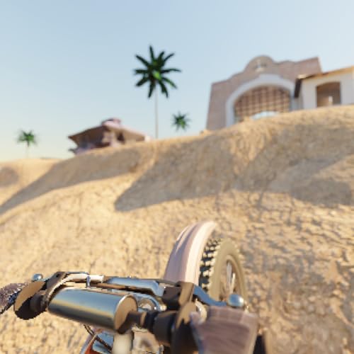 Dirt bike handlebars in foreground, desert landscape and building behind.