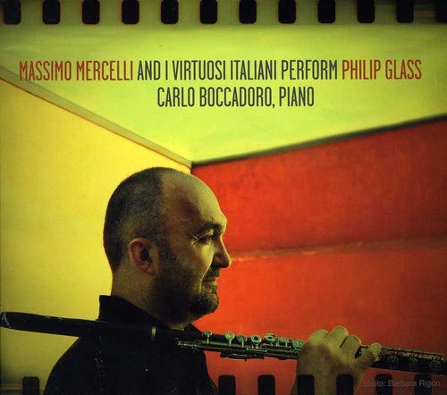 CD cover: portrait of a flutist, red and grey background.