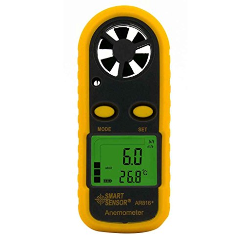 Yellow handheld digital anemometer with a rotating fan and LCD screen.