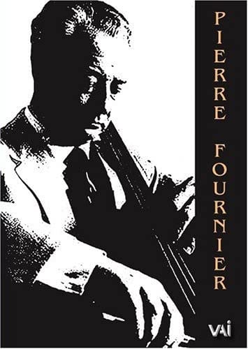Black and white portrait of cellist Pierre Fournier playing his instrument.