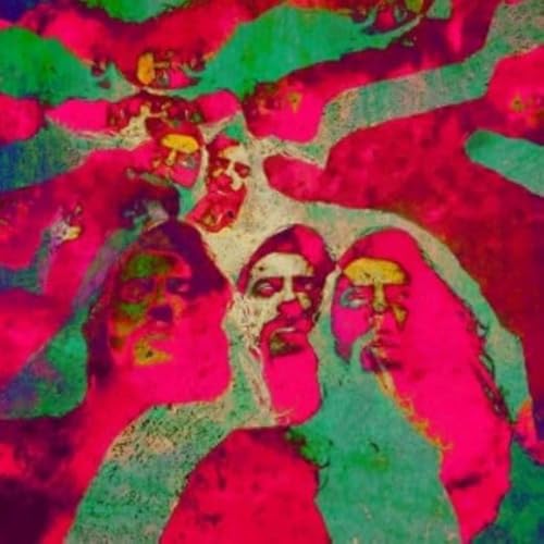 Abstract red and green album cover featuring multiple distorted faces.