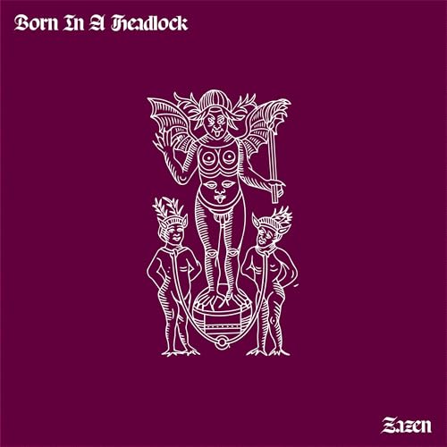 Purple album cover with white line art of figures and a drum.