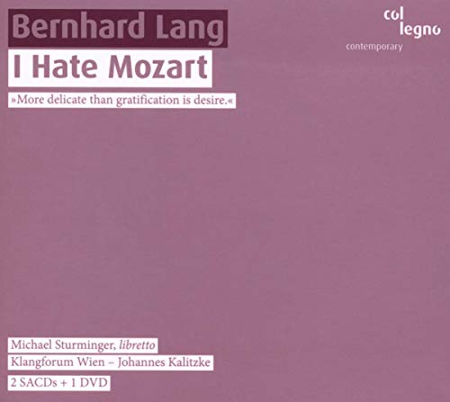 Pink album cover for “I Hate Mozart” by Bernhard Lang, with text details.