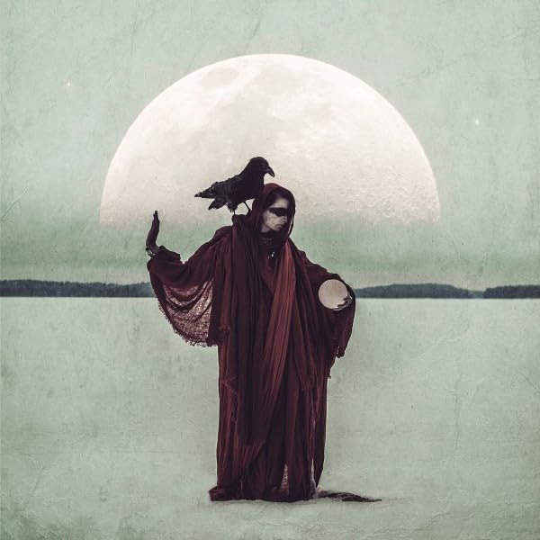 Hooded figure with a raven, facing a large, pale moon.