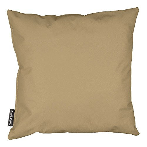 Solid tan square cushion against a white background.