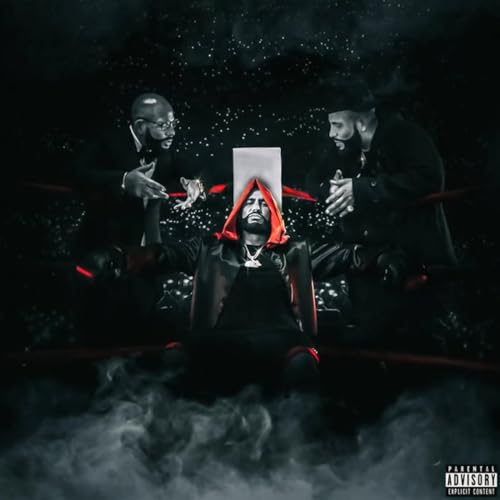 Dark album cover featuring a hooded figure with two men flanking him.