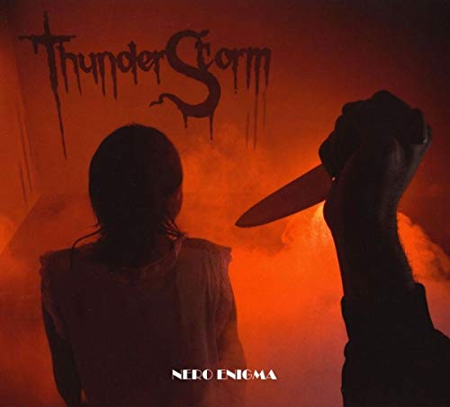 CD cover: a person with a knife, ominous red and smoky background.