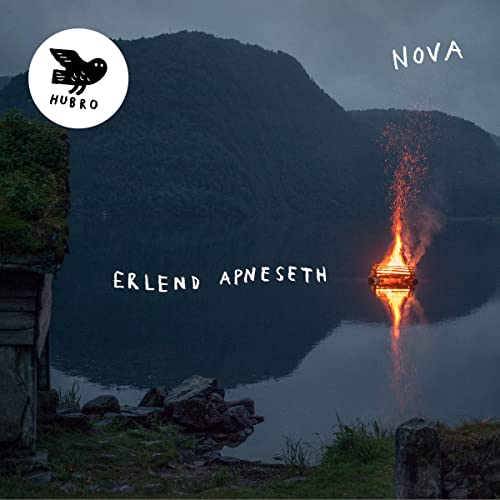 Album cover: dark landscape with a small boat on fire in water.