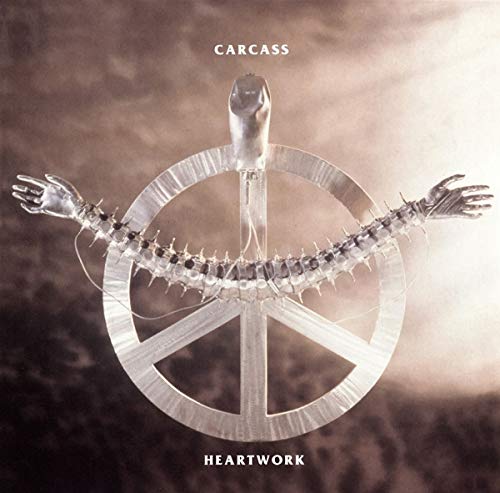 Carcass album cover: spine and hands forming a peace sign.