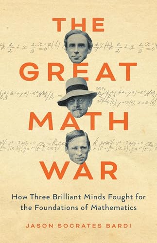 Book cover with math symbols, three portraits, and a subtle war-inspired background design.