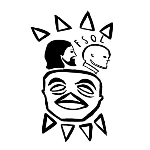 Black and white illustration of faces and geometric shapes.