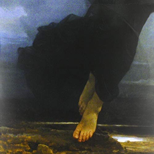 Painting of bare feet descending into a dark, cloudy landscape.