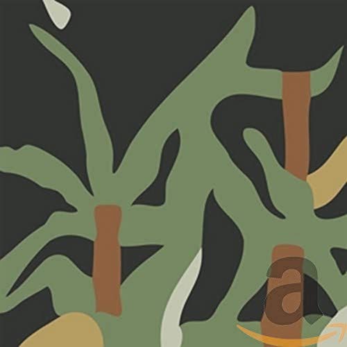 Stylized illustration of palm trees with green leaves and brown trunks on black background.