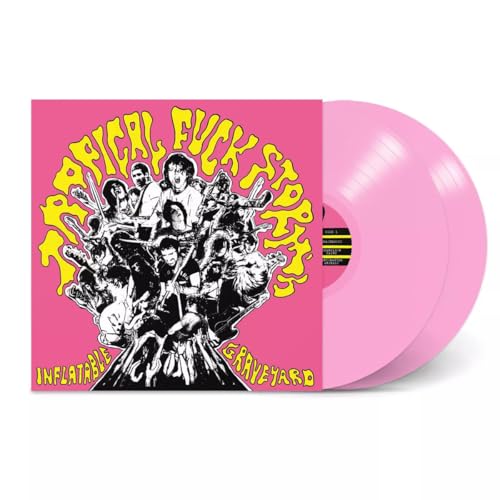 Pink vinyl record with a pink cover featuring a chaotic black and white collage.