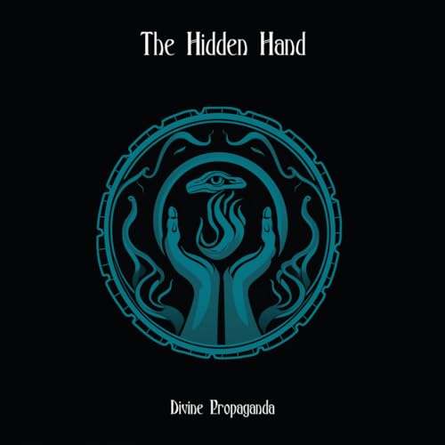 Blue occult symbol with an eye and hands on black background.