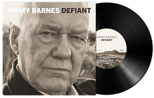 Jimmy Barnes “Defiant” vinyl record and album cover with portrait.
