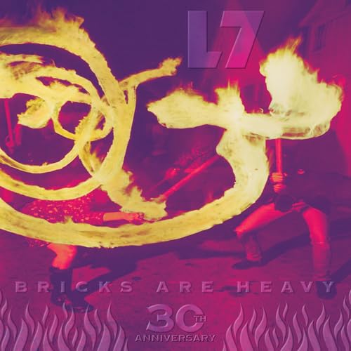 L7 album cover: figures with fire, purple text "Bricks Are Heavy".