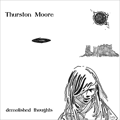 Black and white album cover with sketched figures, UFOs, and landscape.