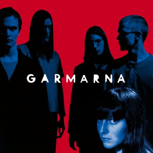 Garmarna band portrait against a red background, with a woman in the foreground.
