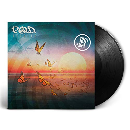 Vinyl record with cover art of butterflies against a sunset sky.
