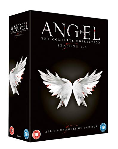 Black DVD box set for "Angel" seasons 1-5, with angel wings imagery.