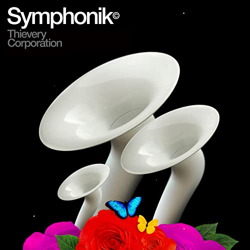 Album cover for Thievery Corporation’s “Symphonik” featuring brass instruments and butterflies.