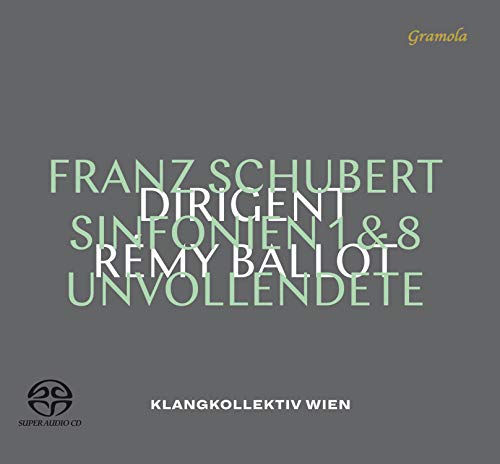 CD cover for Schubert symphonies 1 & 8, featuring green text on gray.