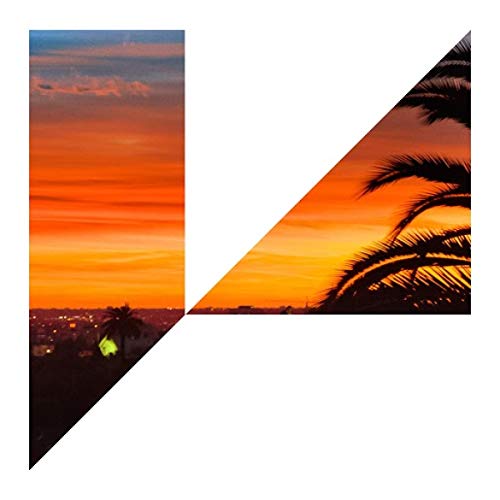 Record album cover with a split image of a sunset and palm trees.