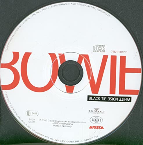 David Bowie’s “Black Tie White Noise” CD with red text and black center.
