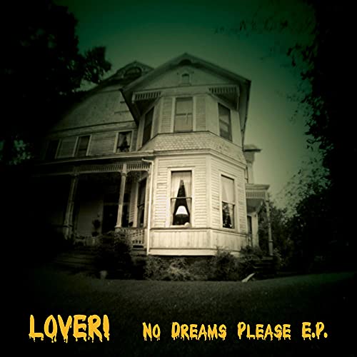 Dark, eerie image of a large Victorian house with text below.