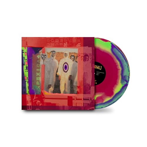 Vinyl record with colorful swirl pattern and album cover featuring figures in white suits.