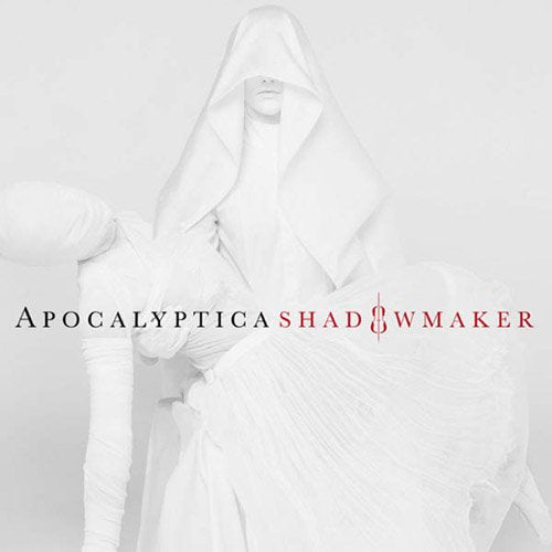 Apocalyptica’s “Shadowmaker” CD cover: figure in white fabric, red text.