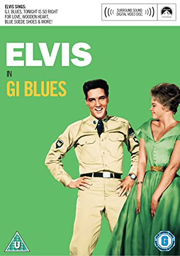 Elvis Presley in "GI Blues" DVD cover with a woman in green.