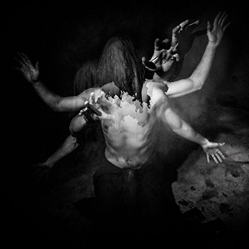 Black and white image of a distorted, anguished figure with outstretched limbs.