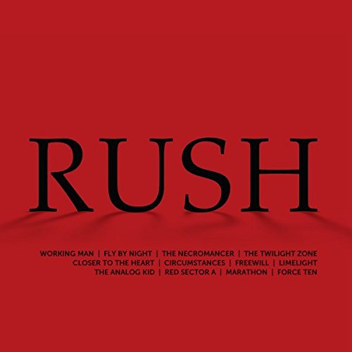 Red album cover with the band name "RUSH" in large, serif white text.