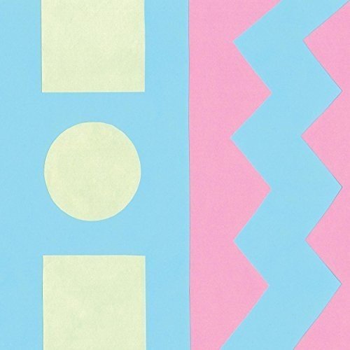 Abstract album cover with geometric shapes in pastel blue, pink, and yellow.
