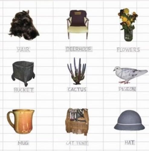 Album cover for Deerhoof’s “The Runners Four” featuring nine isolated objects.