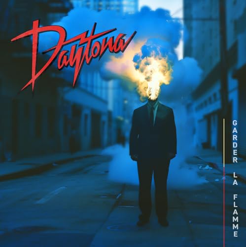 Album cover: man in suit with flames for a head, city background.