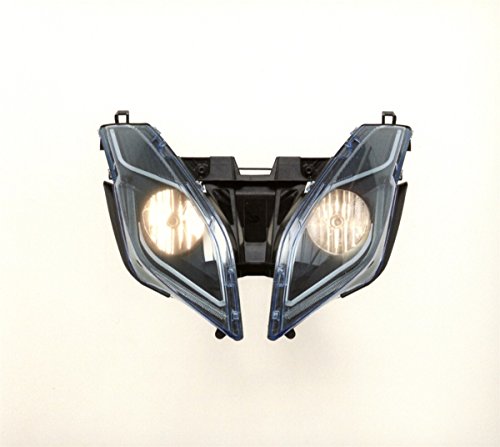 Motorcycle headlight with two round bulbs and a dark gray housing.