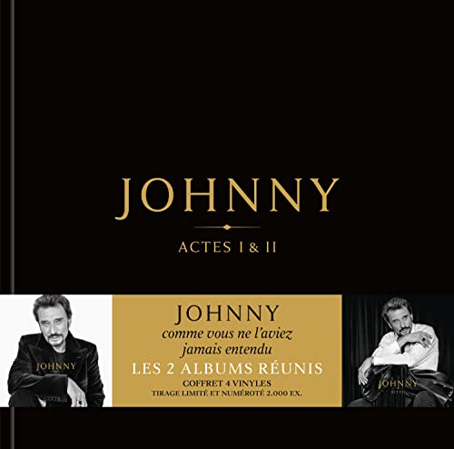 Johnny Hallyday album cover: black background with gold text and portrait images.