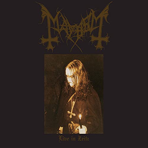 Mayhem logo above a sepia-toned photo of a long-haired person holding a candle.